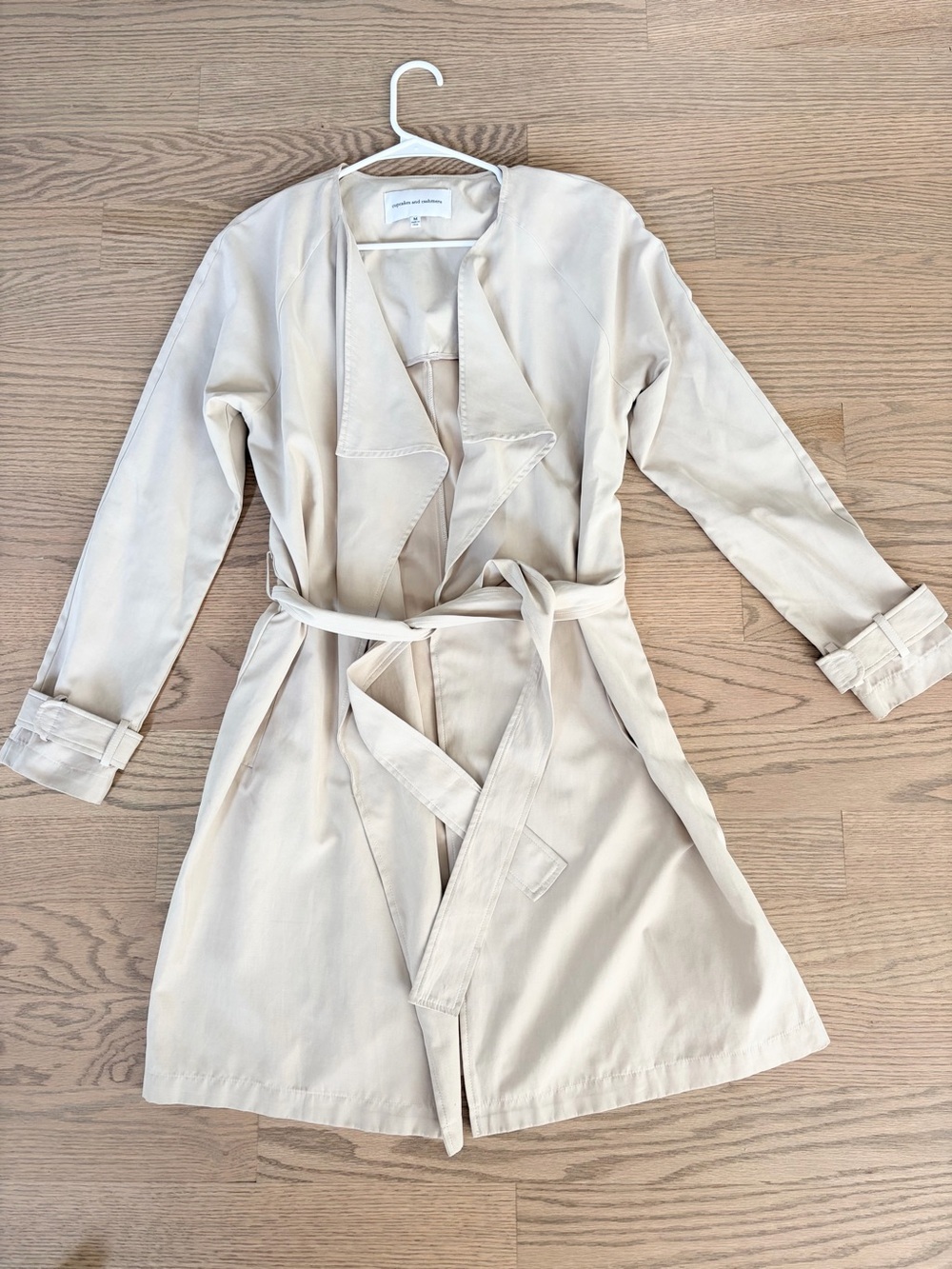 Cupcakes and Cashmere Beige Draped Trench Coat Open Front Lightweight Belted